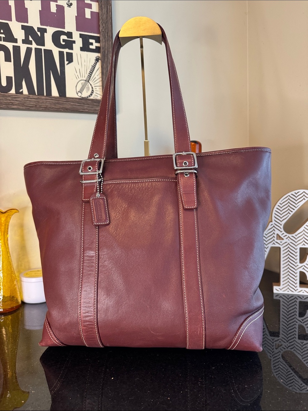 Vintage Coach Merlot Leather Tote with Silver Hardware
